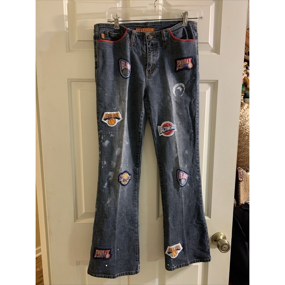 Check Out Junior Size 7 Boot Cut Jeans With NBA Patches And Paint 29” Long